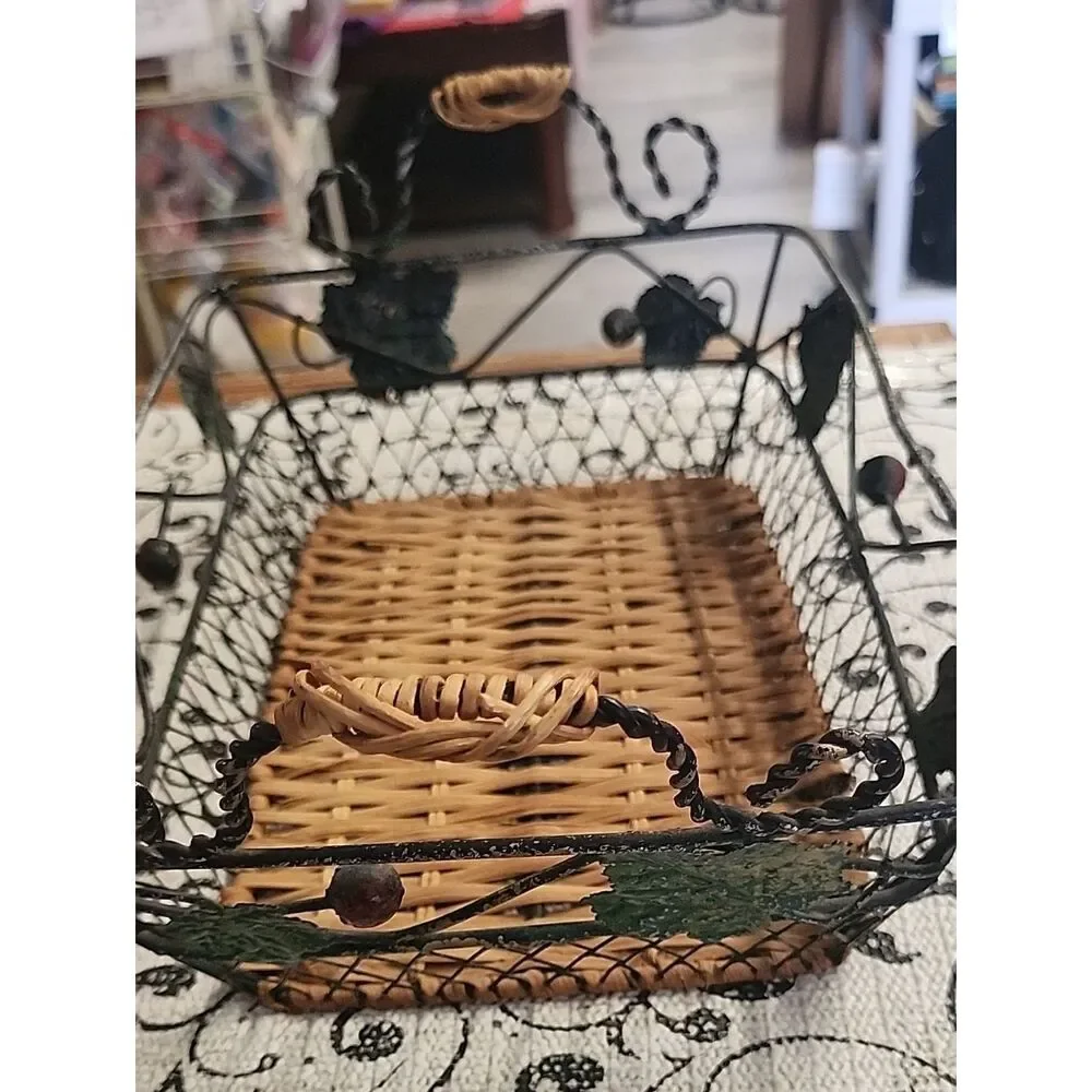 Woven Rattan & Decorative Metal Basket - Brown and Black